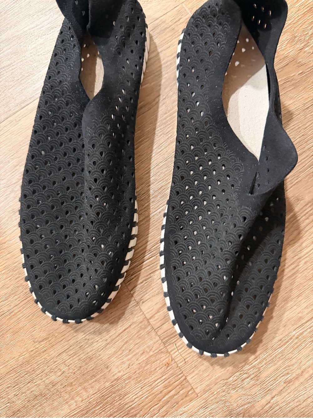 Women's Black Perforated Slip-On Ballet Flats with Contrast Trim